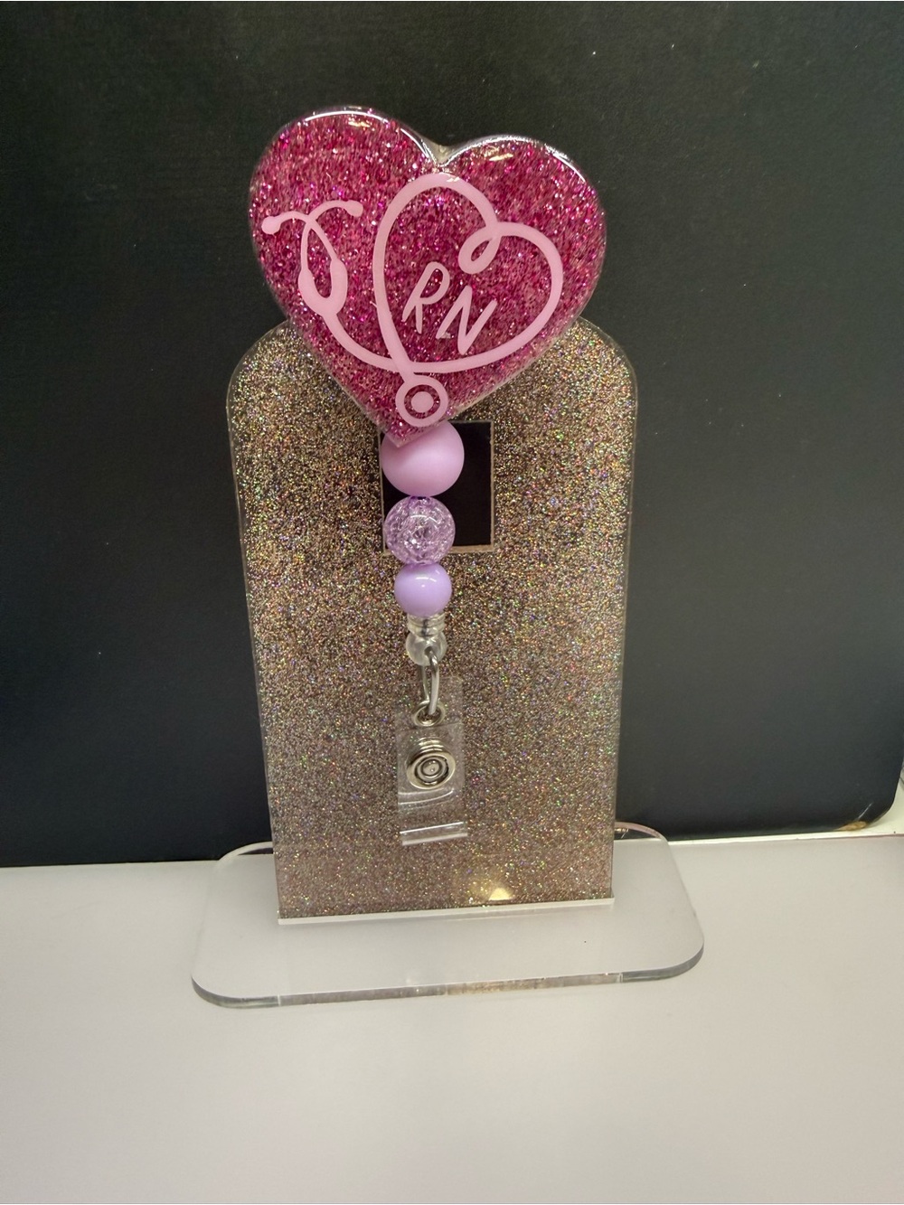 Pink Glitter RN Heart Badge Reel with Lilac Beads
